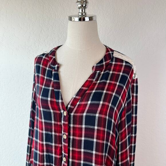 Vintage 90s Y2K Womens Button Up Tunic Top Plaid Lace Long Sleeve Western 2X - Picture 7 of 10